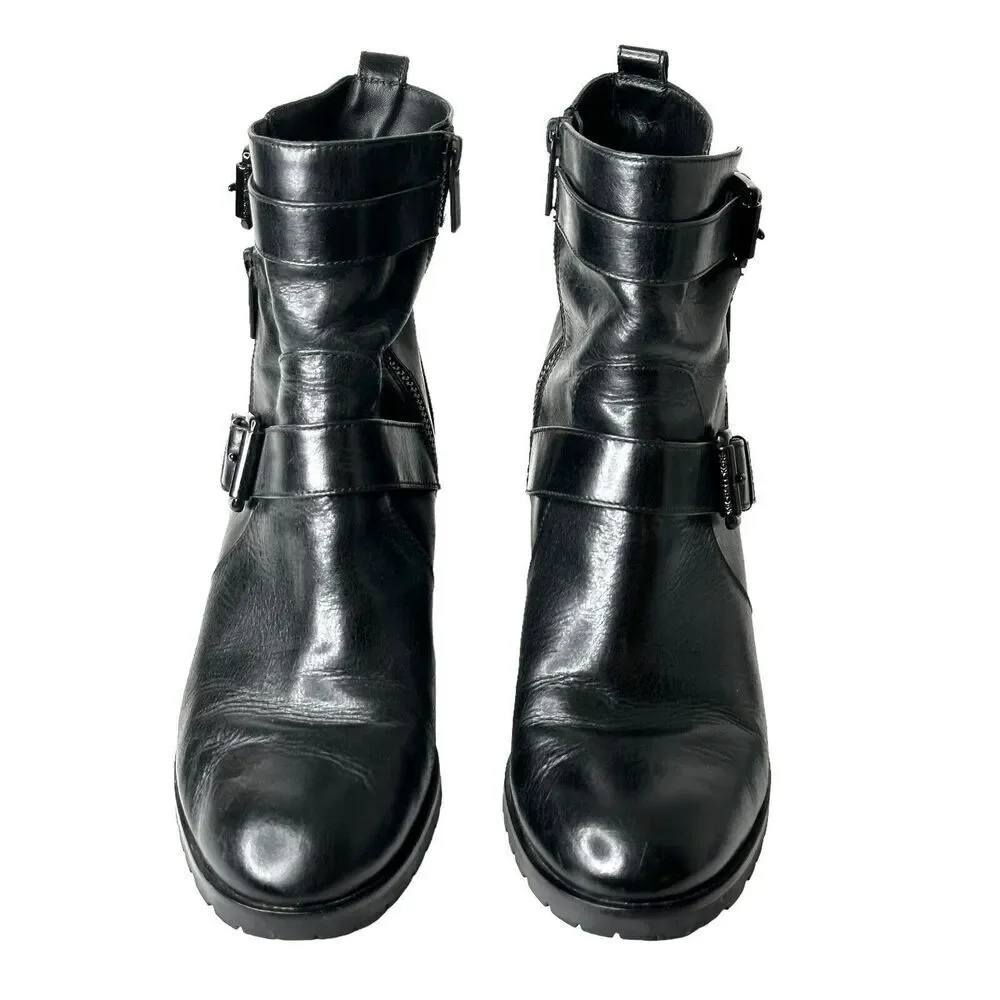 Michael Kors Gretchen Mid Heel Bootie Black Leather Moto Chunky Lug Sole 9M